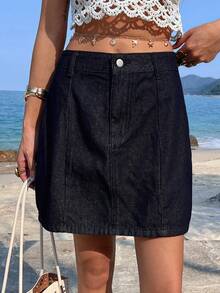 DAZY Falda vaquera de línea A de unicolor para mujer en verano - Azul lavado oscuro - Ver 3