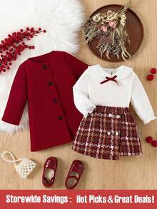 SHEIN 3pcs Baby Girl Winter Velvety Doll Bow Tie Top, Elegant Burgundy Plaid Skirt And Simple Vintage Overcoat Set - Red - View 1
