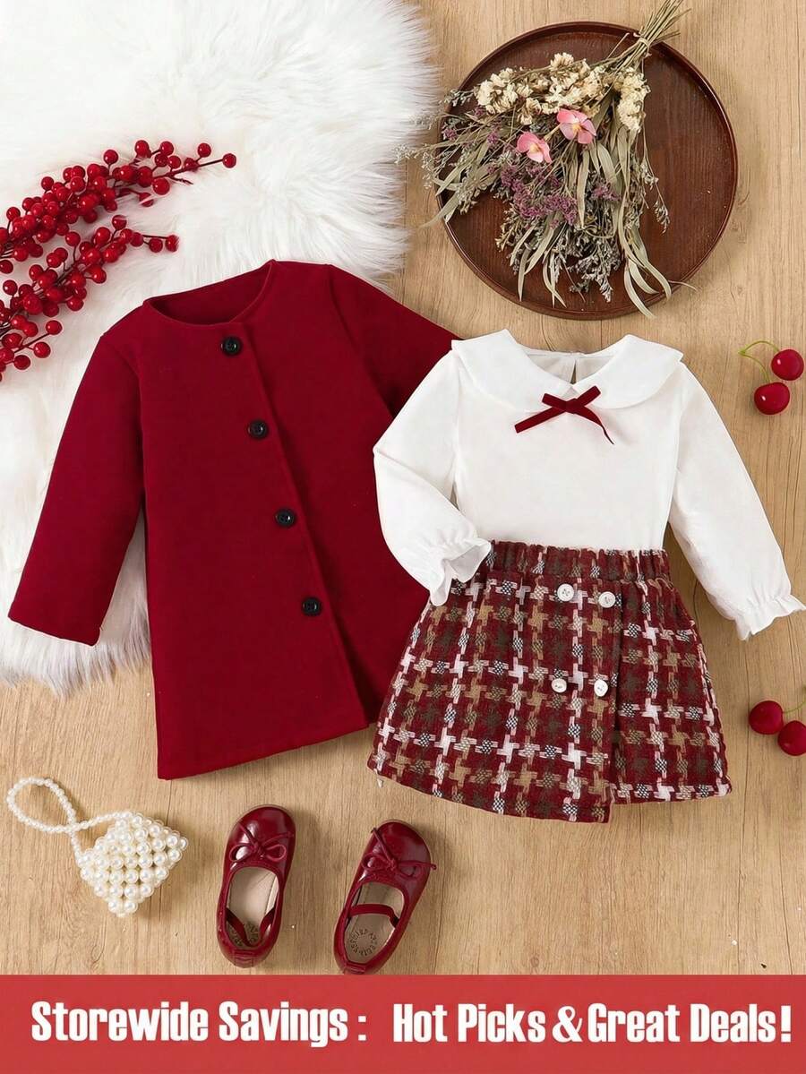 SHEIN 3pcs Baby Girl Winter Velvety Doll Bow Tie Top, Elegant Burgundy Plaid Skirt And Simple Vintage Overcoat Set - Red - View 1