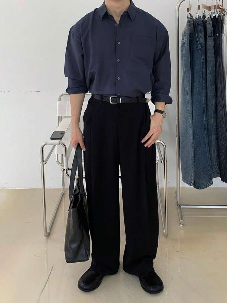 Navy Blue Short Sleeve Dress Shirt For Men, Suitable For Commuting