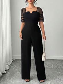 Elenzga Plus Size Women's Spring/Summer Fashion Minimalist Mesh Patchwork Design Waist Cinched Straight Leg Jumpsuit - Black - View 7