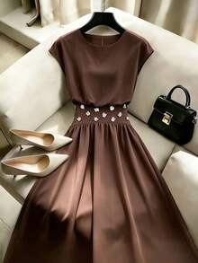 GlowEve Coffee-Color Chiffon Sleeveless Rhinestone Embellished Elegant Dress For Women - Coffee - View 5