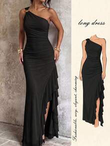 SHEIN Glamour Women's Black Knitted Mesh One-Shoulder Dress With Metal Buckle, High Slit Ruffle Hem Dress, Sexsy Elegant Vacation Versatile Dress For Valentine's Day Date, Pale Bridesmaid Wedding Guest Dress, Suitable For Various Occasions One Shoulder Ruched Maxi Dress High Slit Ruffle Evening Gown Soft Stretch Mesh Fabric One-Shoulder Neckline Prom Homecoming Ball Formal Date Night Summer Modern Minimalist Formal Classic Solid Beach Dresses Holiday Outfits For Women - Black - View 1