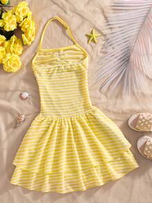 Girls' Vacation Style Spaghetti Strap Neck Tie Dress With Starfish & Shell Woven Trim, Layered Skirt, Casual - Yellow - View 3