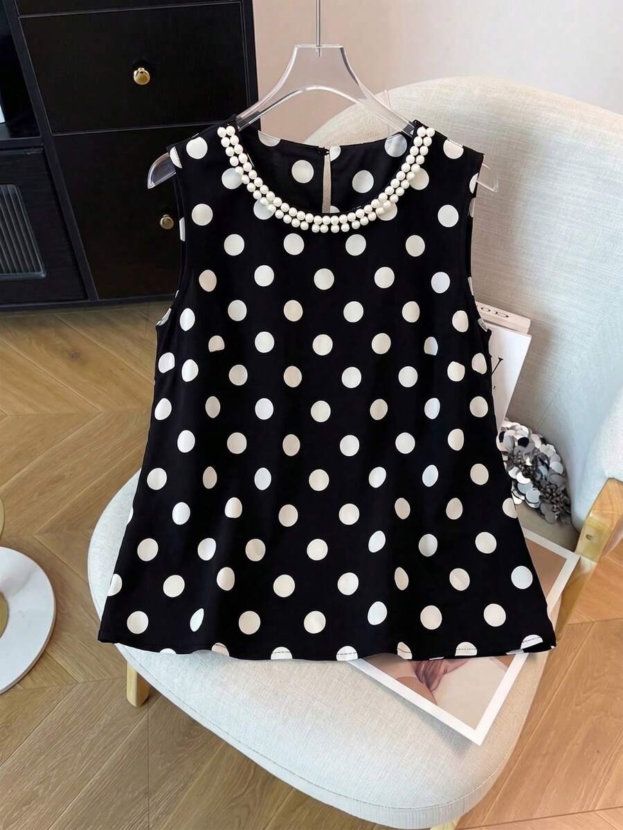 GlowEve CURVE Plus Size Women Pearl Decor Black And White Sleeveless Blouse Tea Party Summer Elegant - Black and White - View 1