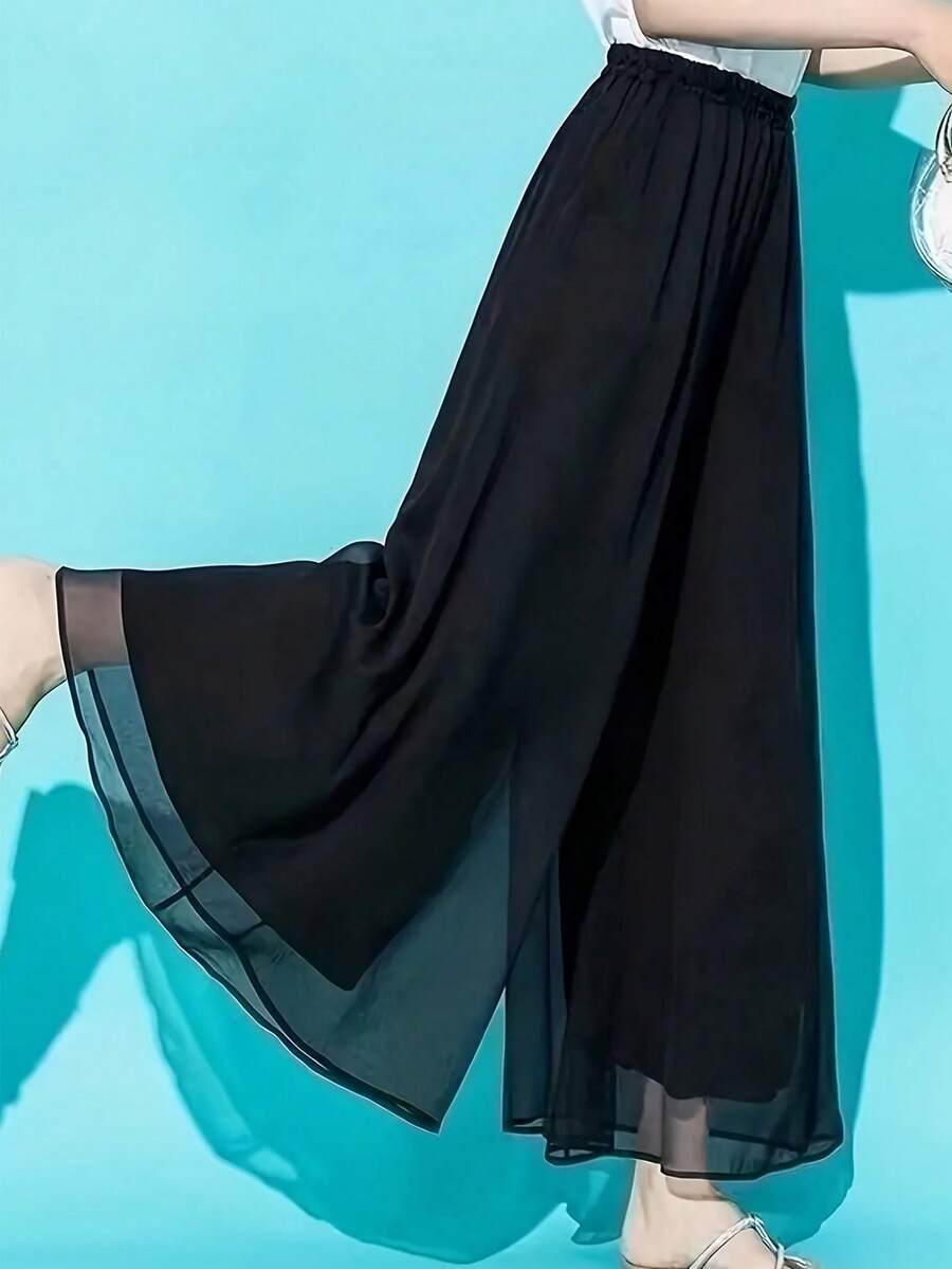 SHEIN PETITE 女款純色休閒寬腿褲，春夏秋季，小個女款 - 黑色 - 查看 1