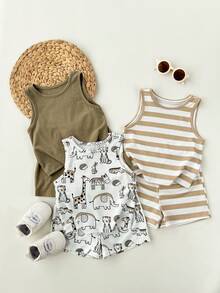 SHEIN Bộ 6 món áo vest và quần short kẻ sọc hình động vật hoạt hình cho bé trai, dễ thương và thoải mái. - Nhiều màu - Xem 5