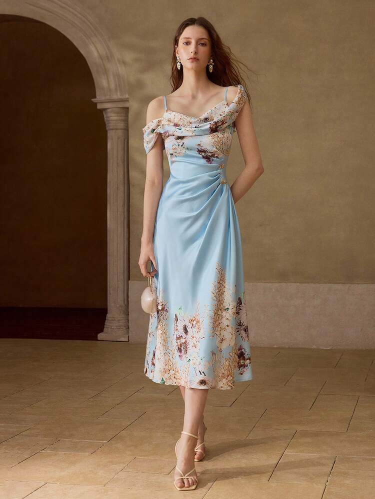 COLD SHOULDER DRAPED NECK FITTED WAIST PRINTED DRESS, SPRING/SUMMER