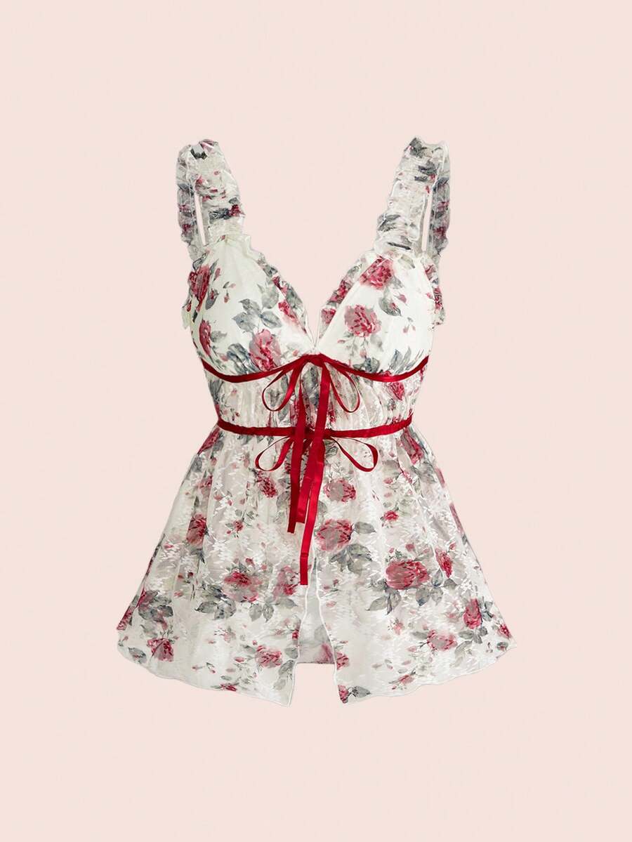 Sweetness Áo tank top babydoll nữ chất liệu ren in hoa cổ điển, viền ren tương phản, xẻ tà. - Màu be - Xem 1