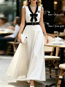GlowEve Women's Patchwork Color Pleated Elegant Waist Midi Dress For Party Date Night White And Black Summer - White - View 1