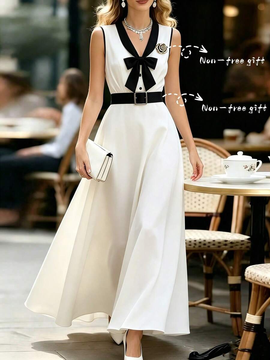 GlowEve Women's Patchwork Color Pleated Elegant Waist Midi Dress For Party Date Night White And Black Summer - White - View 1