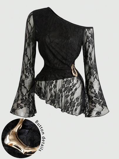 Modelyn Elegante blusa de manga acampanada con cuello asimétrico y pliegues, de corte ajustado, de moda para primavera/verano
