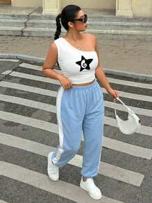 SHEIN EZwear 大码浅蓝色撞色休闲运动裤 蓝色裤子 女式休闲裤 女士慢跑裤 - 淺藍色 - 查看 3