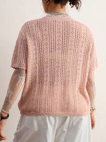 Plus Size Women's Vintage Cottagecore Style | Dusty Pink Pointelle Knit Short Sleeve Cardigan - Sweet Button Down Lightweight Sweater Top - Coral Pink - View 2