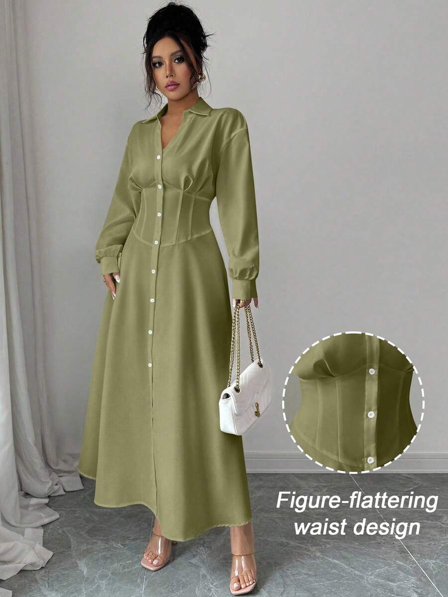Modelyn 女士白色束腰衬衫领连衣裙 - Fresh Green - 查看 1