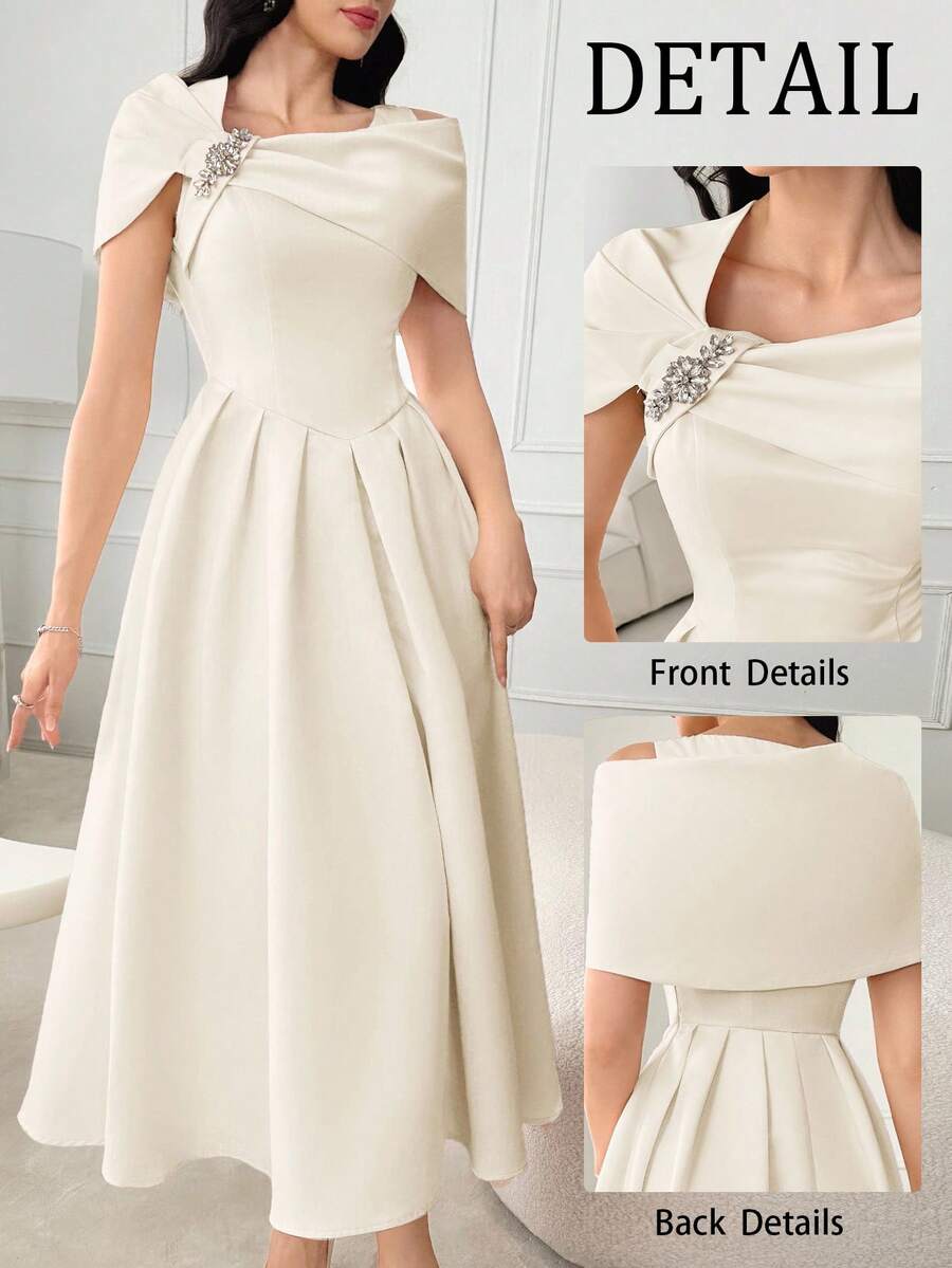 Modelyn Women's Solid Color Asymmetric Shoulder Pleated Patchwork Elegant Summer Dress