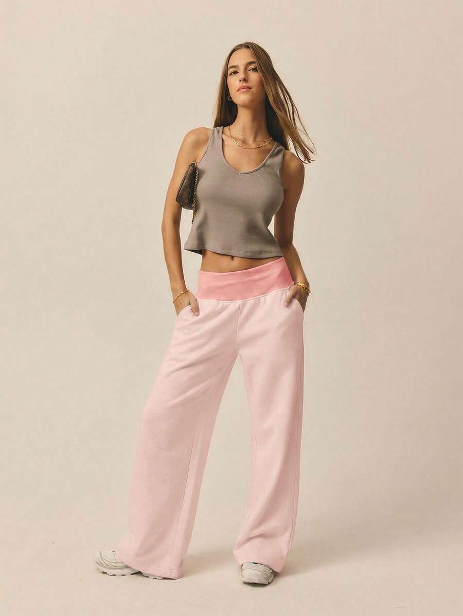 Aralina Contrast Ribbed Wide Waistband And Wide Leg Baggy Track Pants - Pink - View 1