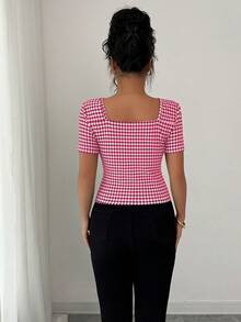 Elenzga t-shirt ajusté à manches courtes avec encolure à trou de serrure et imprimé pied-de-poule élégant pour femmes, convient pour le travail et les déplacements en été - Lie de vin - Voir 2