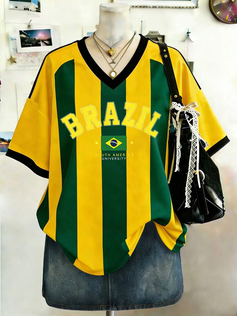 Lalippa 女士宽松V领T恤,蓝绿色条纹和巴西图案印花 - 彩色 - 查看 1