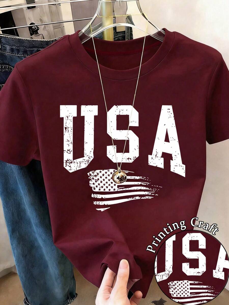 Resyla Damen Patriotisches Grafik Rundhals T-Shirt, 250. Jahrestag der US-Unabhängigkeit, Gedenk 1776-2026 Unabhängigkeitstag Casual Kurzarm T-Shirt - Bordeaux - Übersicht 1