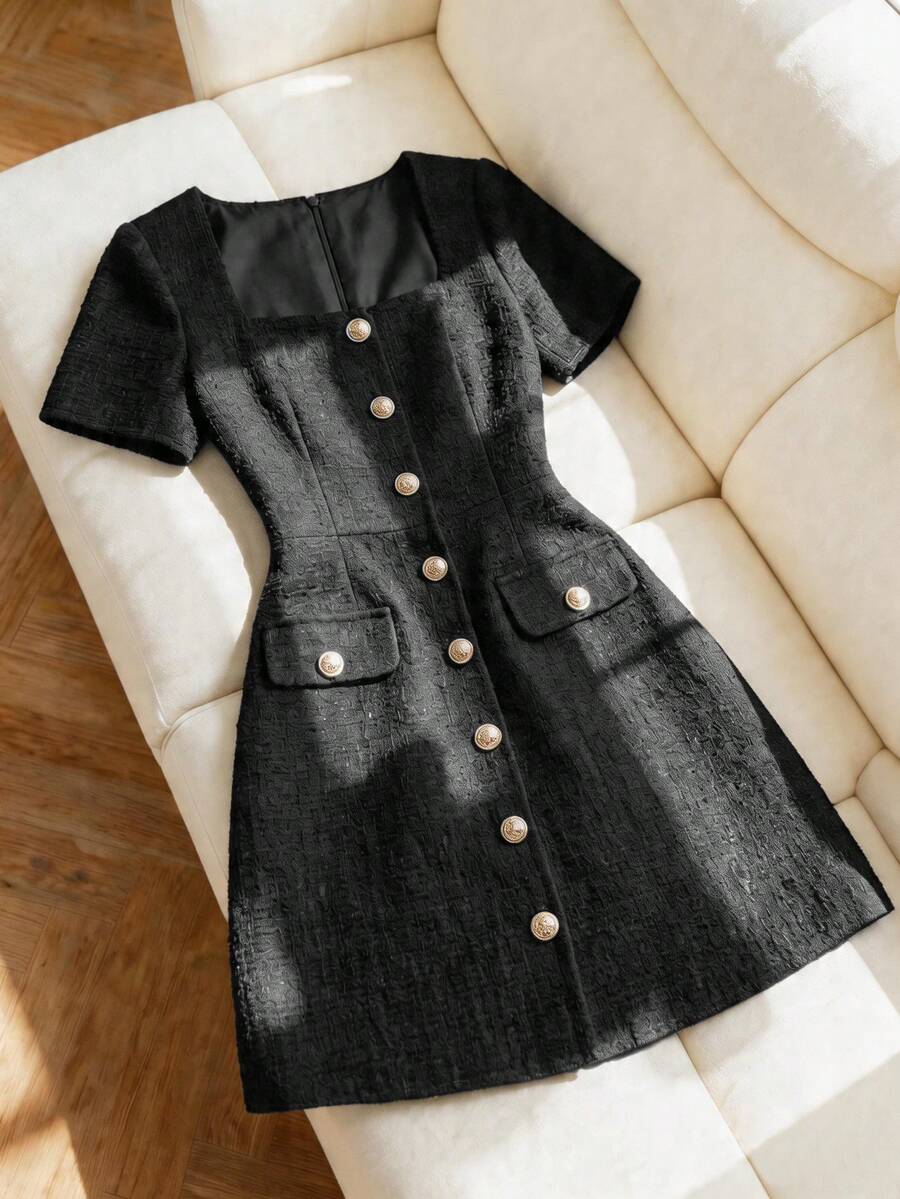 SHEIN Franclia Women's Dress With Square Collar, Waist Cinched, Bodycon Dress, Summer 2026 Autumn New Versatile Commuting Office Solid Color Button Design Double Layer Lining - Black - View 1