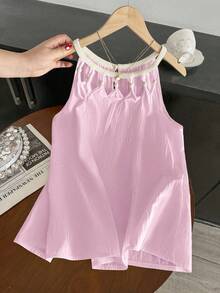GlowEve Summer Versatile Vacation Casual Beaded Floral Trim Halter Neck Sleeveless Top - Pink - View 5
