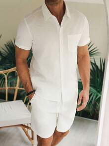 VENTUSAIL Men's Solid Color Shoulder Casual Front Button Short Sleeve Shirt Set, Summer, Holiday - White - View 5