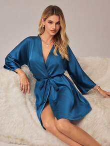SHEIN 女士纯色系腰打结休闲家居服睡袍 - 墨綠色 - 查看 7