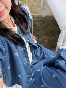 DAZY 两件套少女泡泡印花短袖牛仔上衣和牛仔裤套装，秋夏季 - 藍色 - 查看 8