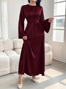 Modelyn Vestido elegante de satén color rojo burdeos con cintura ceñida para mujer, vestido largo de fiesta elegante para eventos de noche - Burdeos - Ver 7