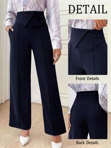 Modelyn Pantalones elegantes de pierna ancha y cintura alta con diseño de botones de unicolor para mujer en otoño/invierno - Azul Marino - Ver 2