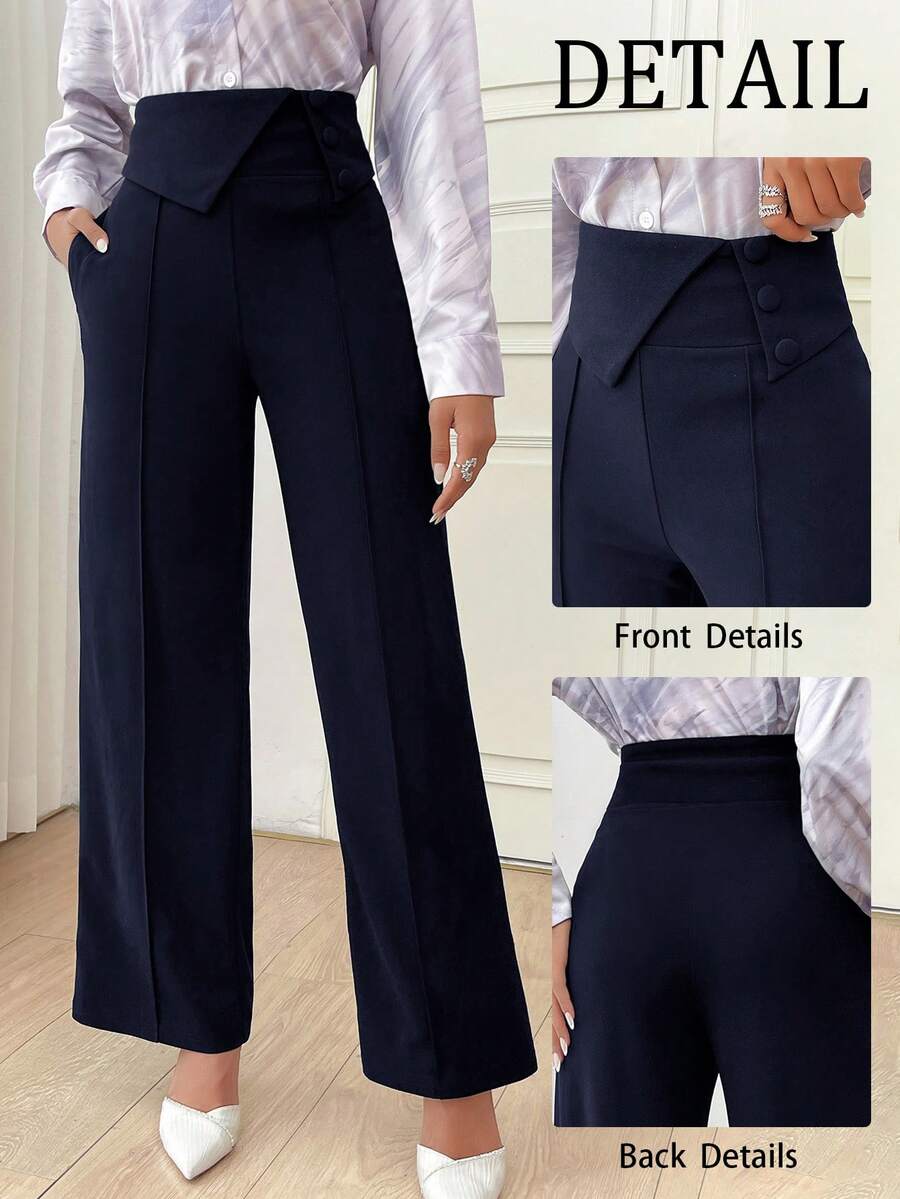 Modelyn Pantalones elegantes de pierna ancha y cintura alta con diseño de botones de unicolor para mujer en otoño/invierno
