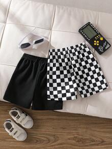 SHEIN 2件套幼儿男童休闲黑白格子短裤，夏季 - 黑與白 - 查看 2