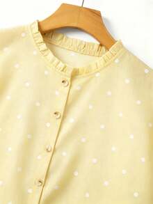 Franclia Blusa de mujer con cuello redondo, sin mangas, abotonada, con volantes y estampado de lunares vintage francés, versátil para el trabajo, el té de la tarde y el uso diario, suelta y casual - Amarillo claro - Ver 4