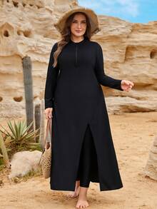 SHEIN Swim 2026 New Plus Size Women 2 Pieces Set, Long Robe With Slit Top And Matching Pants, Black Burkini Zanzea Dress Beach Vacation Summer Modest - Black - View 4