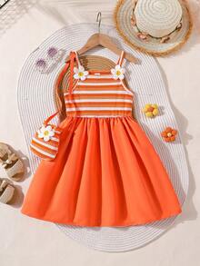SHEIN Playful Pals 2件套女童甜美清新风格碎花条纹拼接无袖A字连衣裙，配迷你包，适合日常外出、休闲旅行、家庭聚会、拍照、夏季穿着 - 橘色 - 查看 4