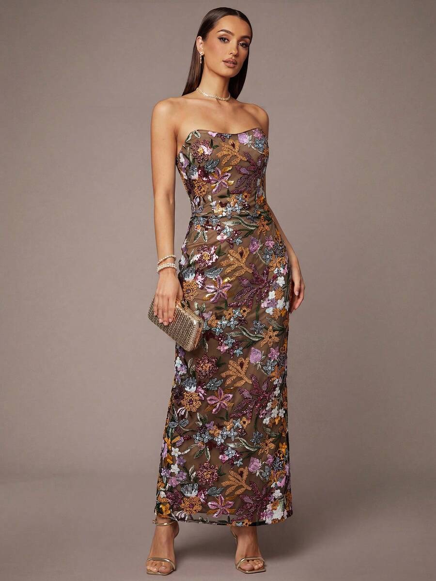 Silquee 女士优雅褶皱下摆串珠刺绣无肩带连衣裙 - 彩色 - 查看 1