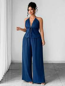 Elenzga Plus Size Women's Knit Minimalist Fashion Vacation Style Sexy Halter Deep V Tie Waist Ruffle Hem Top And Wide Leg Pants 2-Piece Set - Teal Blue - View 6