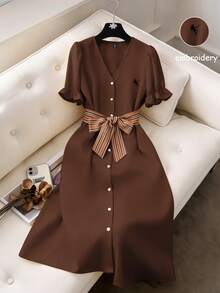 GlowEve Đầm midi cardigan cổ chữ V tay cánh hoa màu vàng bơ thanh lịch, thoải mái dành cho nữ, thêu họa tiết, thích hợp cho mùa xuân/hè. - màu nâu - Xem 1