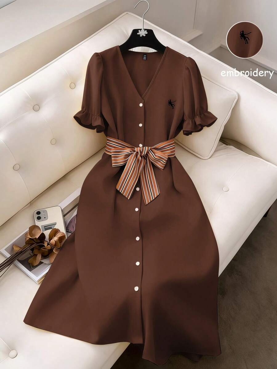 GlowEve Đầm midi cardigan cổ chữ V tay cánh hoa màu vàng bơ thanh lịch, thoải mái dành cho nữ, thêu họa tiết, thích hợp cho mùa xuân/hè. - màu nâu - Xem 1