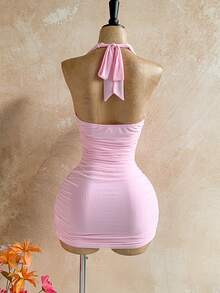 Soleia Vestido mini ajustado con escote pronunciado y decoración con cuentas, de estilo romántico y sexy, color rosa, adecuado para fiestas, citas, discotecas, estilo bohemio, vacaciones, otoño - Rosa Pálido - Ver 2