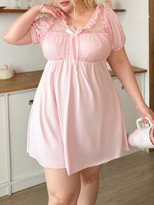 Slumberry CURVE Sweet Ins Lace Patchwork Doll Style Bubble Wrinkle Plus Size Short A-Line Nightgown - Pink - View 3