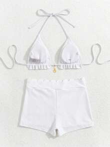 Swim Vcay Conjunto de traje de baño de estilo vacacional simple con diseño de cuello halter de tela de nailon de color negro sólido para mujer - Blanco - Ver 7