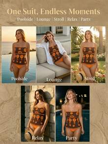 SHEIN Swim 两件套女士高弹绿色印花比基尼套装，包含印花抹胸上衣和纯色三角泳裤，优雅比基尼套装，适合春夏海滩派对 - 彩色 - 查看 7