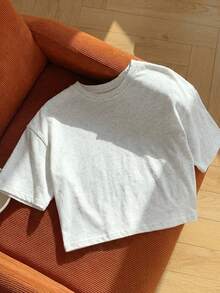 Comfortcana Kaos Wanita Lengan Pendek Warna Abu-abu Muda Kasual Kerah Bulat, Musim Panas - Grey - View 5