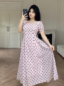 Modelyn 粉色波点收腰喇叭连衣裙，饰有3D立体花卉图案，女款 - 粉色 - 查看 3