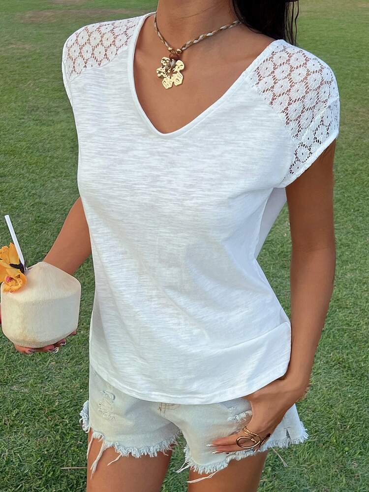 Women's Contrast Lace Short Sleeve Elegant Vacation Top, Spring/Autumn