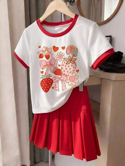 Sparklyn Họa tiết chấm bi, mùa hè, phong cách bohemian, chất liệu vải lanh, thích hợp cho kỳ nghỉ, mềm mại, áo thun ngắn tay in nơ và chân váy xếp ly cho bé gái tuổi teen, chất liệu mềm mại, ren, cotton.