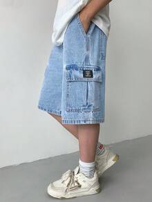 SHEIN Tween Boy Fashion Casual Y2k Vintage Cool The Workwear Pocket Design Features Aqua Blue Loose And Comfortable Workwear Denim Shorts For Soft Daily-Wear And Summer And Rave Festival And Beach Day Time - Light Wash - View 7