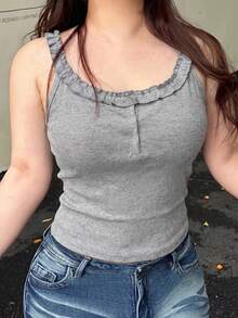 Dazy Plus Plus Size Solid Color Half-Open Collar Tight Stretch Cropped Scoop Neck Tank Top Summer - Grey - View 4